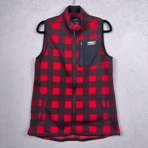 LL Bean Vest Womens M Black Red Buffalo Plaid Beans Sweater Fleece Outdoor Camp